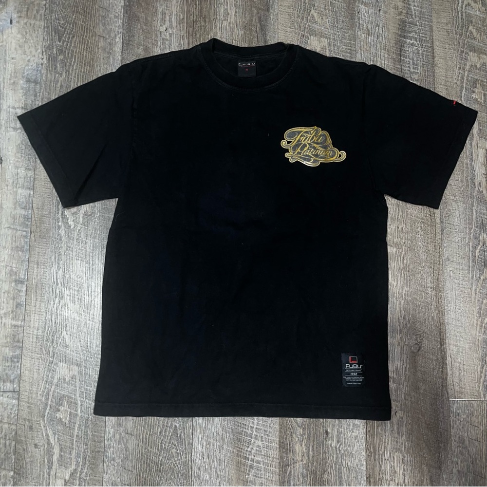 FUBU Platinum Black‎ Tee with Gold Logo Double Sided Size Medium